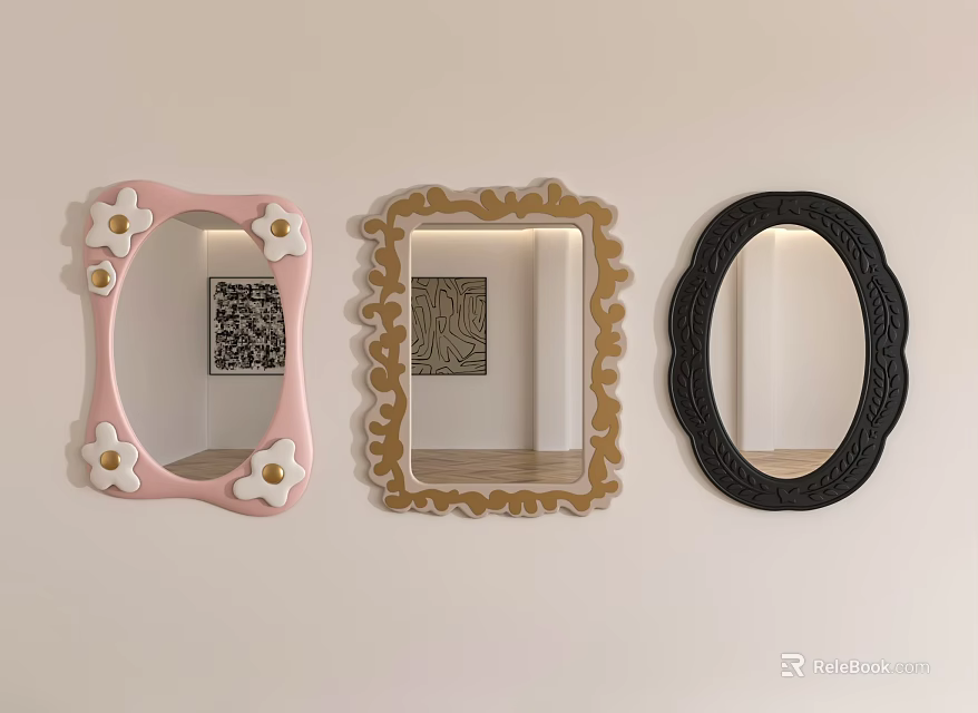 Three Decorative Mirrors With Pink Gold Black Frames Hanging On White Wall 3d model