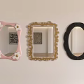 Three Decorative Mirrors With Pink Gold Black Frames Hanging On White Wall 3d model