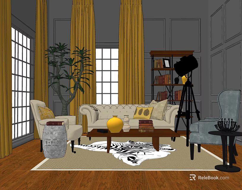Cozy Living Room With Sofa Coffee Table Set Yellow Curtains Plant Bookshelf And Floor Lamp 3d model 