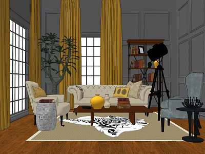 Cozy Living Room With Sofa Coffee Table Set Yellow Curtains Plant Bookshelf And Floor Lamp 3d model
