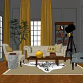 Cozy Living Room With Sofa Coffee Table Set Yellow Curtains Plant Bookshelf And Floor Lamp