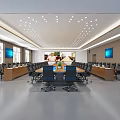 Modern Conference Room With Long Table Blue Screens Comfortable Chairs And Ceiling Lighting