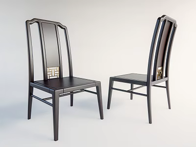 Traditional Chinese Style Dark Wood Dining Chairs With Carved Back Design 3d model