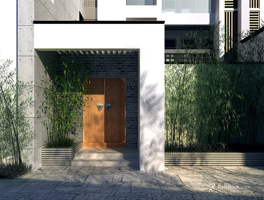 Wooden Entrance Gate With Metal Door Knockers Bamboo Plants And Gray Wall 3d model 