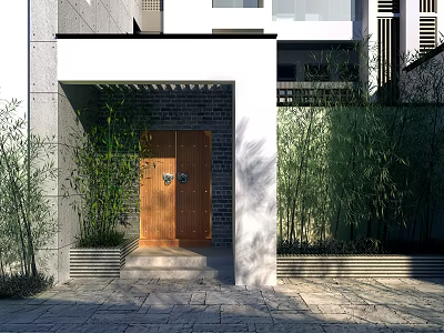 Wooden Entrance Gate With Metal Door Knockers Bamboo Plants And Gray Wall 3d model