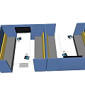 Modern Building Exterior Wall Design With Blue Fabric Panels And Yellow Accents