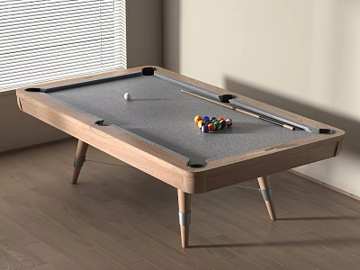 Modern Entertainment Table With Wooden Frame Gray Surface Billiard Balls And Cue Stick 3d model