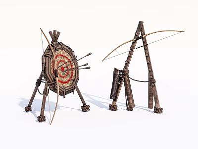 Traditional Handcrafted Wooden Bow With Arrows And Target For Hunting Practice Weapon 3d model
