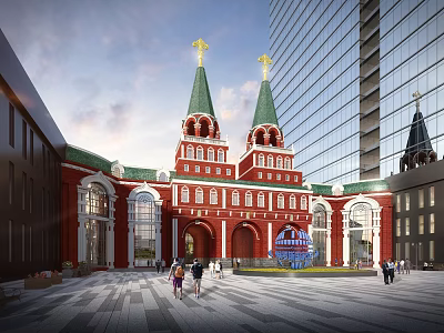 Historic Museum Building Red Architecture Green Spires Golden Crosses Urban Plaza 3d model