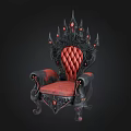 Ornate Throne With Red Upholstered Seat Black Intricate Carvings And Crown Shaped Top