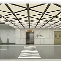 Modern Parking Garage with Geometric Ceiling Structure Marble Walls Floor Crosswalk and Doors