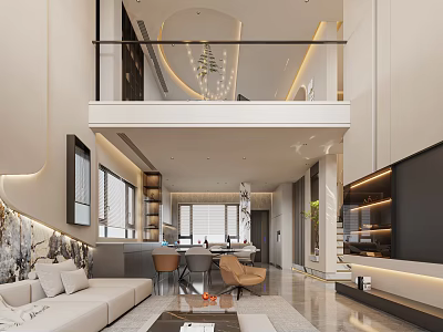 Modern Living and Dining Room Interior With Open Layout Sofa Dining Table And TV Wall 3d model