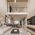 Modern Living and Dining Room Interior With Open Layout Sofa Dining Table And TV Wall