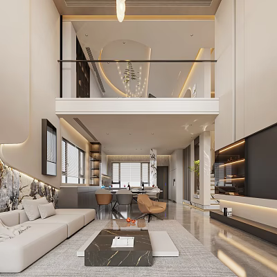 Modern Living and Dining Room Interior With Open Layout Sofa Dining Table And TV Wall 3d model