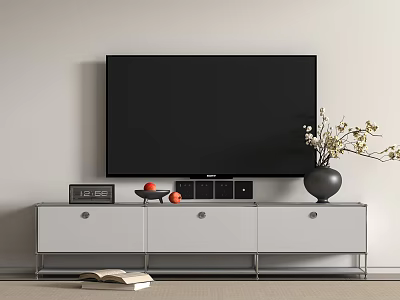 Modern White TV Stand With Flat Screen TV Vase Flower Branches And Decorative Items 3d model