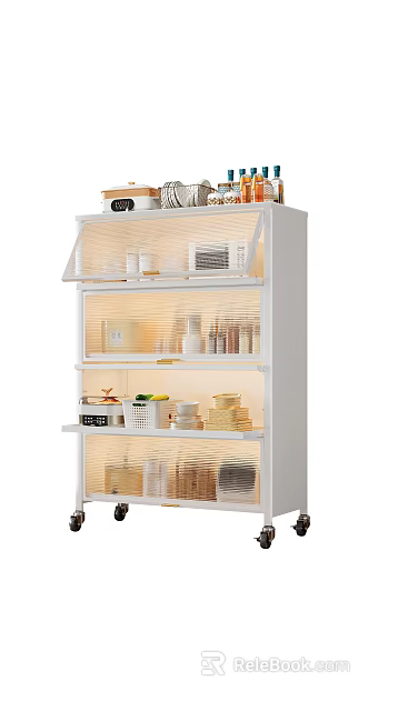 Decorative Ornament Combination on White Multi Layer Shelf with Transparent Door Compartments Jars and Baskets 3d model 