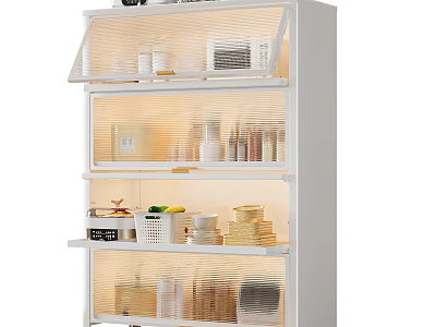 Decorative Ornament Combination on White Multi Layer Shelf with Transparent Door Compartments Jars and Baskets 3d model