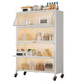 Decorative Ornament Combination on White Multi Layer Shelf with Transparent Door Compartments Jars and Baskets