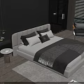 Modern Gray Double Bed With Accent Chair Round Side Table And Roller Blinds 3d model
