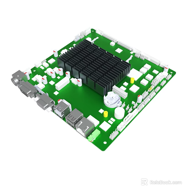 Green Circuit Board With Heat Sink Capacitors And Electronic Components Ports 3d model 