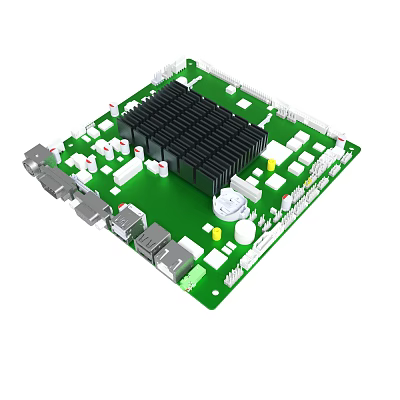 Green Circuit Board With Heat Sink Capacitors And Electronic Components Ports 3d model