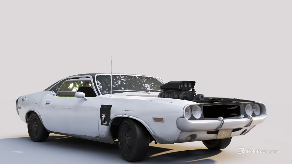 White Vintage Muscle Car With Open Hood And Exposed Engine Details 3d model 
