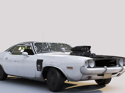 White Vintage Muscle Car With Open Hood And Exposed Engine Details 3d model