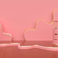 Pink Background With Gold Lines Cloud Shaped Decor And Geometric Pedestal Structures 3d model
