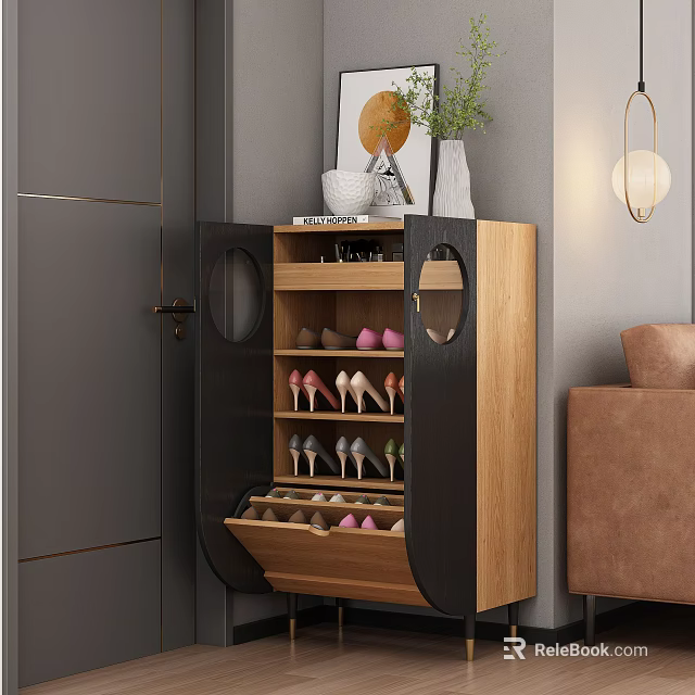 Modern Wooden Black Shoe Cabinet With Storage Shelves And Decorations In Living Room 3d model 