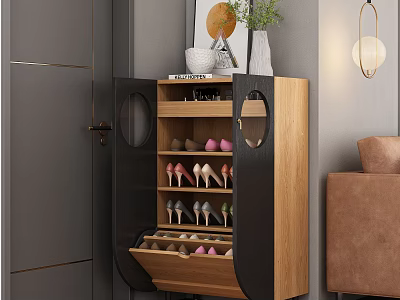 Modern Wooden Black Shoe Cabinet With Storage Shelves And Decorations In Living Room 3d model