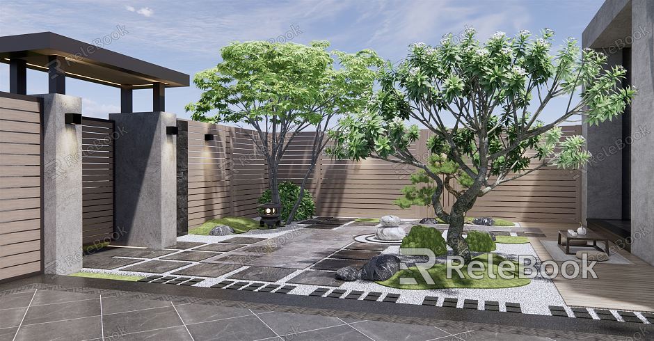 Japanese-style courtyard Zen courtyard garden withered stone maple tree landscape tree Tingbu stone tea table tea table and chair courtyard gate wooden fence model