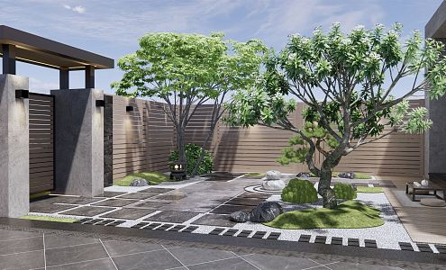 Japanese-style courtyard Zen courtyard garden withered stone maple tree landscape tree Tingbu stone tea table tea table and chair courtyard gate wooden fence 3d model