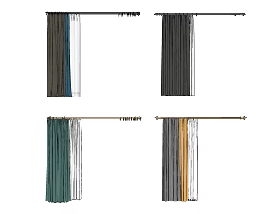 Various Colored Curtains With Curtain Rods In Dark Brown Green Gray Orange Design 3d model