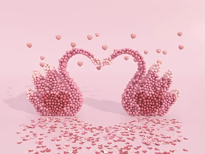 Pink Swans Made of Small Hearts With Scattered Hearts on Pink Background 3d model