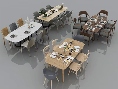 Modern Dining Table Set With Wooden Tables Matching Chairs And Tableware 3d model