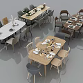 Modern Dining Table Set With Wooden Tables Matching Chairs And Tableware 3d model