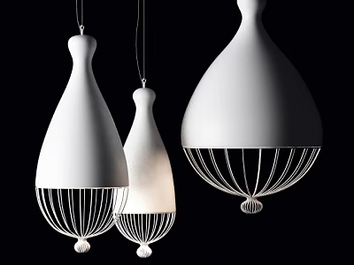 White Modern Teardrop Pendant Lights With Elegant Metal Wire Frame Base Design 3d model