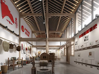Rural Cultural Exhibition Hall Interior Showcasing Traditional Farming Tools And Red Banners 3d model