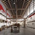 Rural Cultural Exhibition Hall Interior Showcasing Traditional Farming Tools And Red Banners
