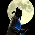 Man in Traditional Clothing Looking Up at Large Full Moon in Night Sky