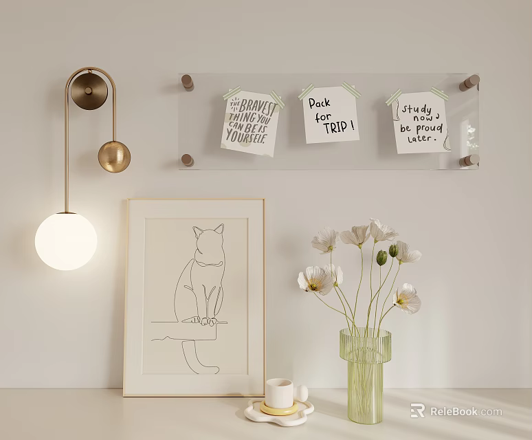 Modern Decorative Ornament Combination with Wall Lamp Transparent Board Notes Cat Frame Vase White Flowers 3d model 