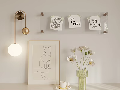 Modern Decorative Ornament Combination with Wall Lamp Transparent Board Notes Cat Frame Vase White Flowers 3d model