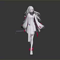 Anime Inspired Game Movie Character With Long White Hair And Red Accented Outfit Holding Sword