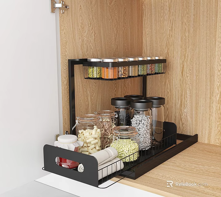Organized Kitchen Countertop With Black Multi Tier Spice Rack Holding Glass Spice Bottles 3d model 
