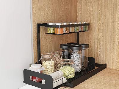 Organized Kitchen Countertop With Black Multi Tier Spice Rack Holding Glass Spice Bottles 3d model