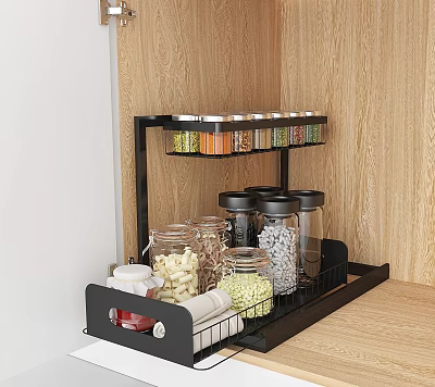 Organized Kitchen Countertop With Black Multi Tier Spice Rack Holding Glass Spice Bottles 3d model