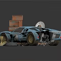 Blue Classic Race Car With Vintage Radio Wooden Cabinet And Trophies