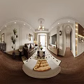 Retro Style Living And Dining Room With Brown Leather Sofa And Classic Art Wall Decor