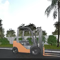 Outdoor Functional Forklift Parked Near Green Trees Palm Tree And Grass By Roadside