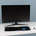 Black Computer Monitor With Black Keyboard Blue Accent Keys And White Mouse On White Desk